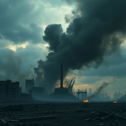 A dramatic post-apocalyptic cityscape featuring ruined buildings and the remnants of a famous landmark, surrounded by swirling smoke and flames