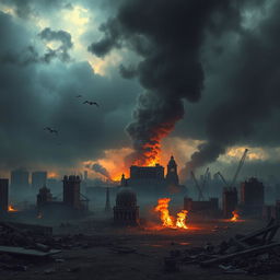 A dramatic post-apocalyptic cityscape featuring ruined buildings and the remnants of a famous landmark, surrounded by swirling smoke and flames