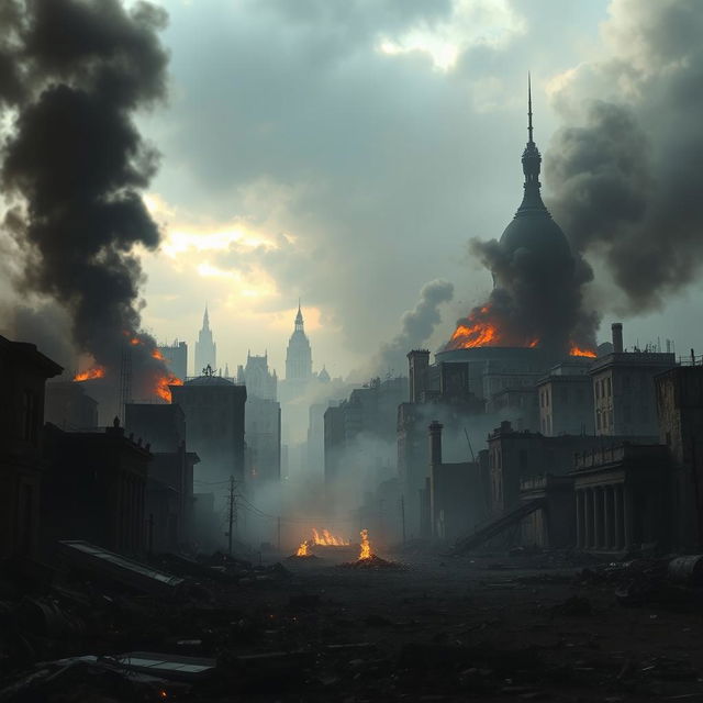 A dramatic post-apocalyptic cityscape featuring ruined buildings and the remnants of a famous landmark, surrounded by swirling smoke and flames