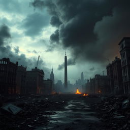 A dramatic post-apocalyptic cityscape featuring ruined buildings and the remnants of a famous landmark, surrounded by swirling smoke and flames