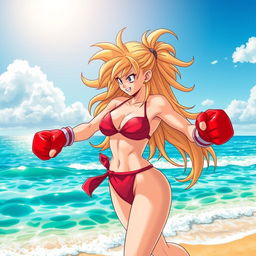 A stunning depiction of Android 21 from the Dragon Ball series, wearing a vibrant beach bikini, engaged in a playful boxing match under the sun