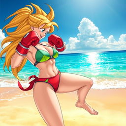A stunning depiction of Android 21 from the Dragon Ball series, wearing a vibrant beach bikini, engaged in a playful boxing match under the sun