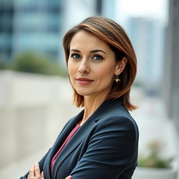 A 35-year-old woman with fair skin, dressed in a business style that exudes professionalism