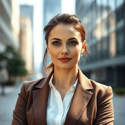 A 35-year-old woman with fair skin, dressed in a business style that exudes professionalism
