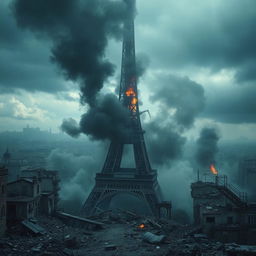 A haunting post-apocalyptic cityscape featuring the ruins of the Eiffel Tower surrounded by swirling smoke and flames, showcasing the devastation of the landmark