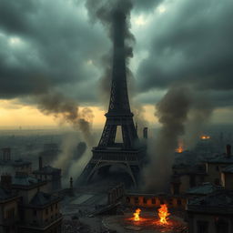 A haunting post-apocalyptic cityscape featuring the ruins of the Eiffel Tower surrounded by swirling smoke and flames, showcasing the devastation of the landmark