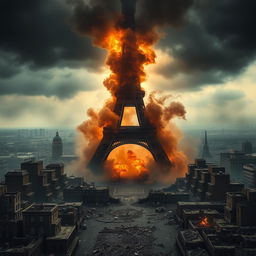 A haunting post-apocalyptic cityscape featuring the ruins of the Eiffel Tower surrounded by swirling smoke and flames, showcasing the devastation of the landmark