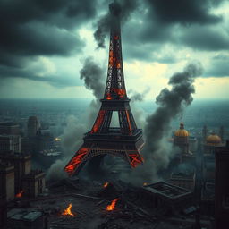 A haunting post-apocalyptic cityscape featuring the ruins of the Eiffel Tower surrounded by swirling smoke and flames, showcasing the devastation of the landmark