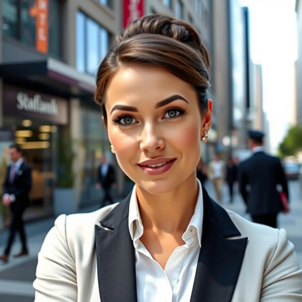 A 35-year-old woman with fair skin, elegantly dressed in a business style that conveys professionalism