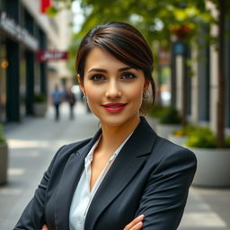 A 35-year-old woman with fair skin, elegantly dressed in a business style that conveys professionalism