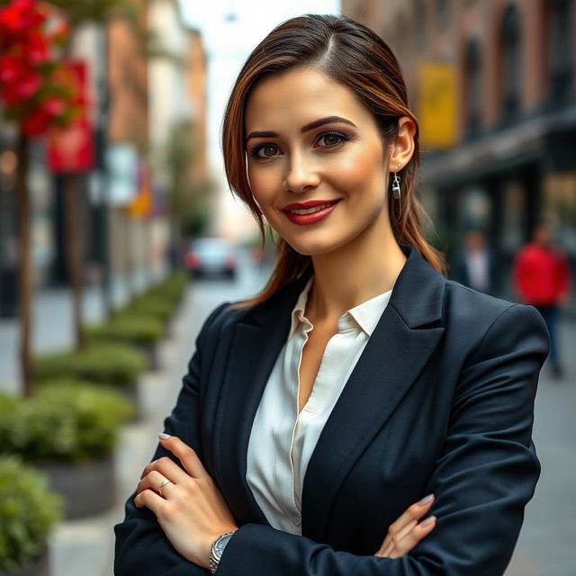 A 35-year-old woman with fair skin, elegantly dressed in a business style that conveys professionalism