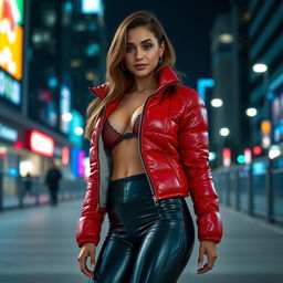 A gorgeous slim woman with ample breasts, confidently showcasing herself in a shiny red tight puffer jacket that accentuates her figure and black latex leggings that perfectly contour her legs