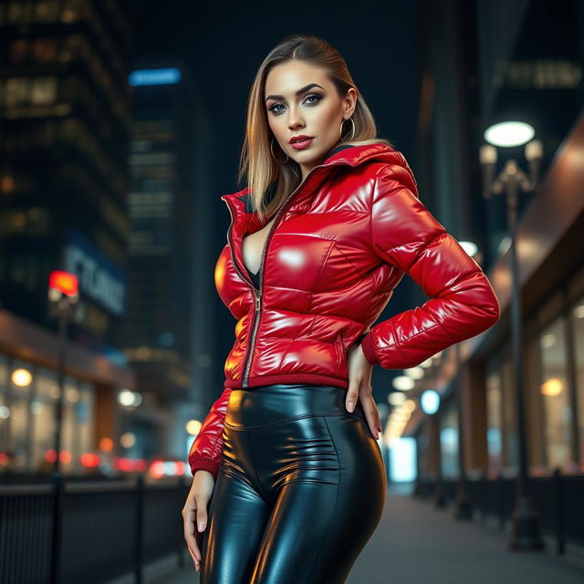 A gorgeous slim woman with ample breasts, confidently showcasing herself in a shiny red tight puffer jacket that accentuates her figure and black latex leggings that perfectly contour her legs