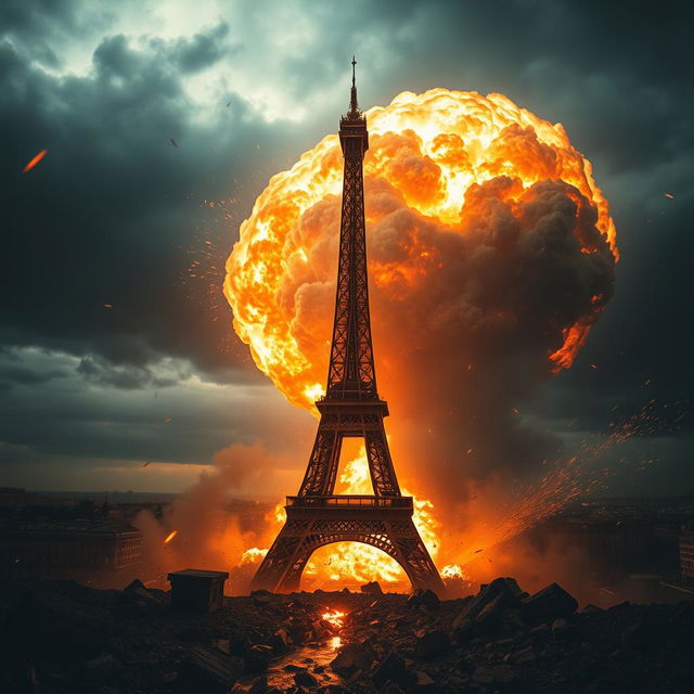 A breathtaking scene depicting a colossal explosion as an asteroid impacts the ground near the Eiffel Tower, surrounded by an ominous sky filled with dark smoke and fiery debris