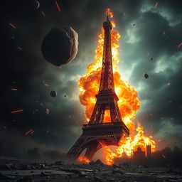 A breathtaking scene depicting a colossal explosion as an asteroid impacts the ground near the Eiffel Tower, surrounded by an ominous sky filled with dark smoke and fiery debris