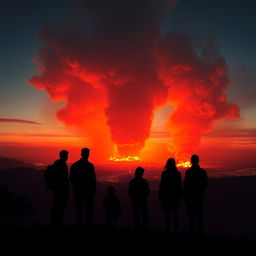 Silhouettes of people standing on a hill, gazing at the distant destruction caused by an asteroid impact