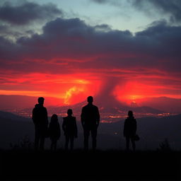 Silhouettes of people standing on a hill, gazing at the distant destruction caused by an asteroid impact