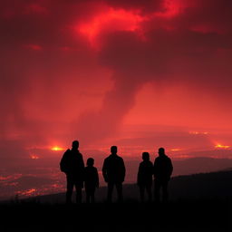 Silhouettes of people standing on a hill, gazing at the distant destruction caused by an asteroid impact