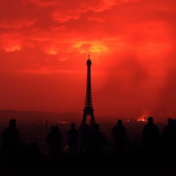 Silhouettes of people standing on a hill, gazing at the distant destruction, with the Eiffel Tower visibly damaged in the scene