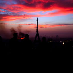 Silhouettes of people standing on a hill, gazing at the distant destruction, with the Eiffel Tower visibly damaged in the scene