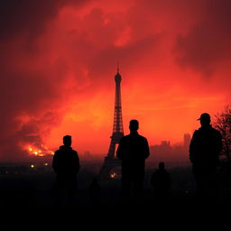 Silhouettes of people standing on a hill, gazing at the distant destruction, with the Eiffel Tower visibly damaged in the scene