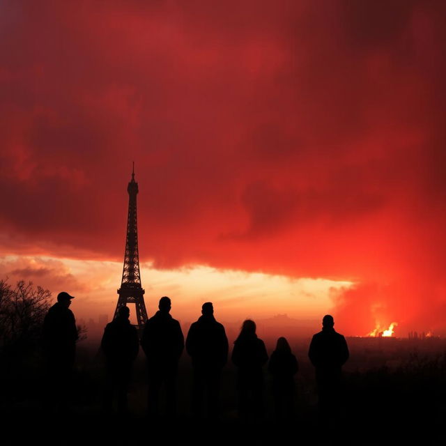 Silhouettes of people standing on a hill, gazing at the distant destruction, with the Eiffel Tower visibly damaged in the scene