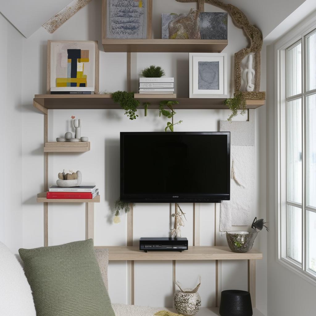 A cozy TV corner in a small space, featuring a lower section with a TV stand and decorative elements, paired with a creative upper section with mounted shelves brimming with personal touches.