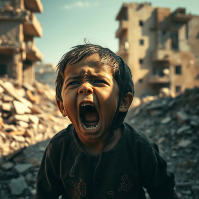 A heart-wrenching scene depicting a young child in Gaza, screaming in despair due to the lack of food