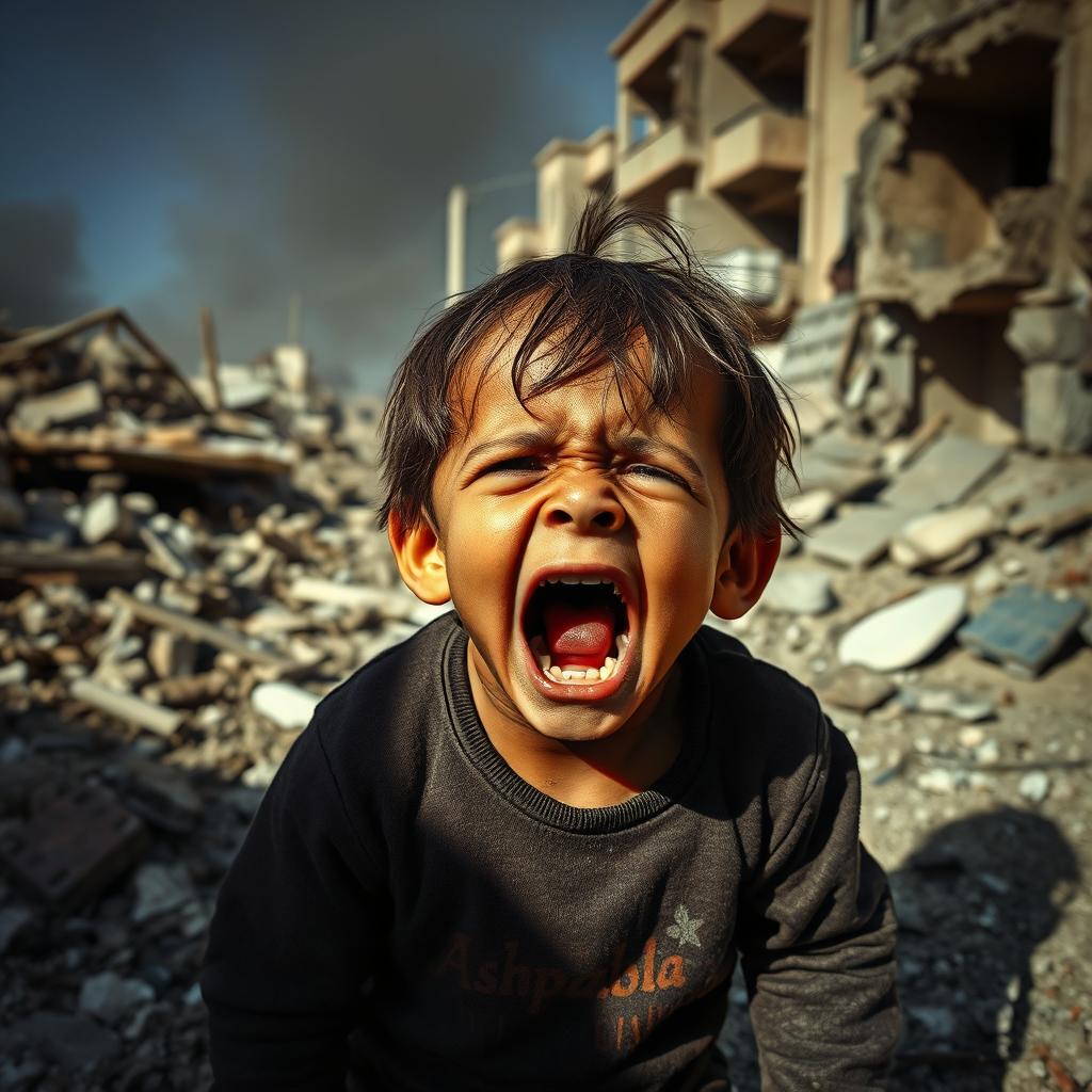 A heart-wrenching scene depicting a young child in Gaza, screaming in despair due to the lack of food