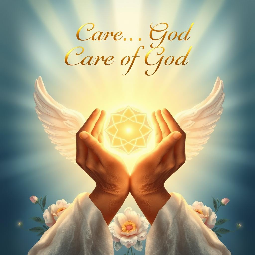 A serene book cover design representing the care of God, illustrating a pair of divine hands gently cradling a beautiful glowing orb symbolizing protection and love