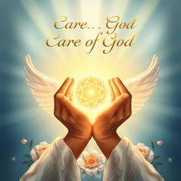 A serene book cover design representing the care of God, illustrating a pair of divine hands gently cradling a beautiful glowing orb symbolizing protection and love