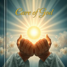 A serene book cover design representing the care of God, illustrating a pair of divine hands gently cradling a beautiful glowing orb symbolizing protection and love