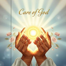 A serene book cover design representing the care of God, illustrating a pair of divine hands gently cradling a beautiful glowing orb symbolizing protection and love