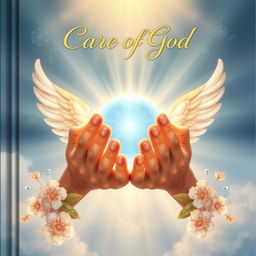 A serene book cover design representing the care of God, illustrating a pair of divine hands gently cradling a beautiful glowing orb symbolizing protection and love