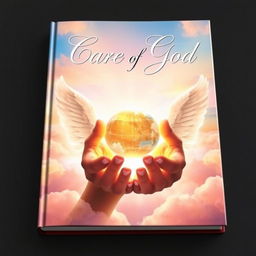 A captivating book cover design symbolizing the care of God, showcasing a pair of divine hands gently holding a small, radiant globe that emanates warmth and light, signifying love and protection
