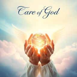 A captivating book cover design symbolizing the care of God, showcasing a pair of divine hands gently holding a small, radiant globe that emanates warmth and light, signifying love and protection