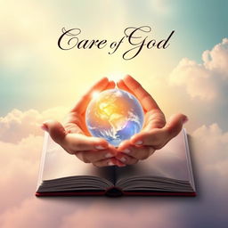 A captivating book cover design symbolizing the care of God, showcasing a pair of divine hands gently holding a small, radiant globe that emanates warmth and light, signifying love and protection