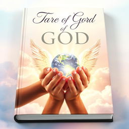 A captivating book cover design symbolizing the care of God, showcasing a pair of divine hands gently holding a small, radiant globe that emanates warmth and light, signifying love and protection