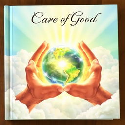 A beautiful and uplifting book cover that symbolizes the care of God, depicting large, divine hands gently holding a vibrant, radiant earth surrounded by soft, swirling clouds
