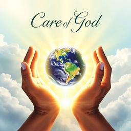 A beautiful and uplifting book cover that symbolizes the care of God, depicting large, divine hands gently holding a vibrant, radiant earth surrounded by soft, swirling clouds