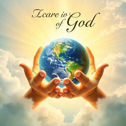 A beautiful and uplifting book cover that symbolizes the care of God, depicting large, divine hands gently holding a vibrant, radiant earth surrounded by soft, swirling clouds