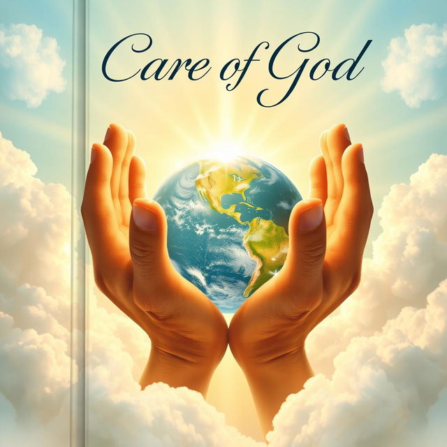 A beautiful and uplifting book cover that symbolizes the care of God, depicting large, divine hands gently holding a vibrant, radiant earth surrounded by soft, swirling clouds