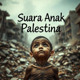 A heart-wrenching scene depicting the sound of a Palestinian child suffering from hunger amidst the rubble of collapsed buildings