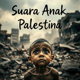 A heart-wrenching scene depicting the sound of a Palestinian child suffering from hunger amidst the rubble of collapsed buildings