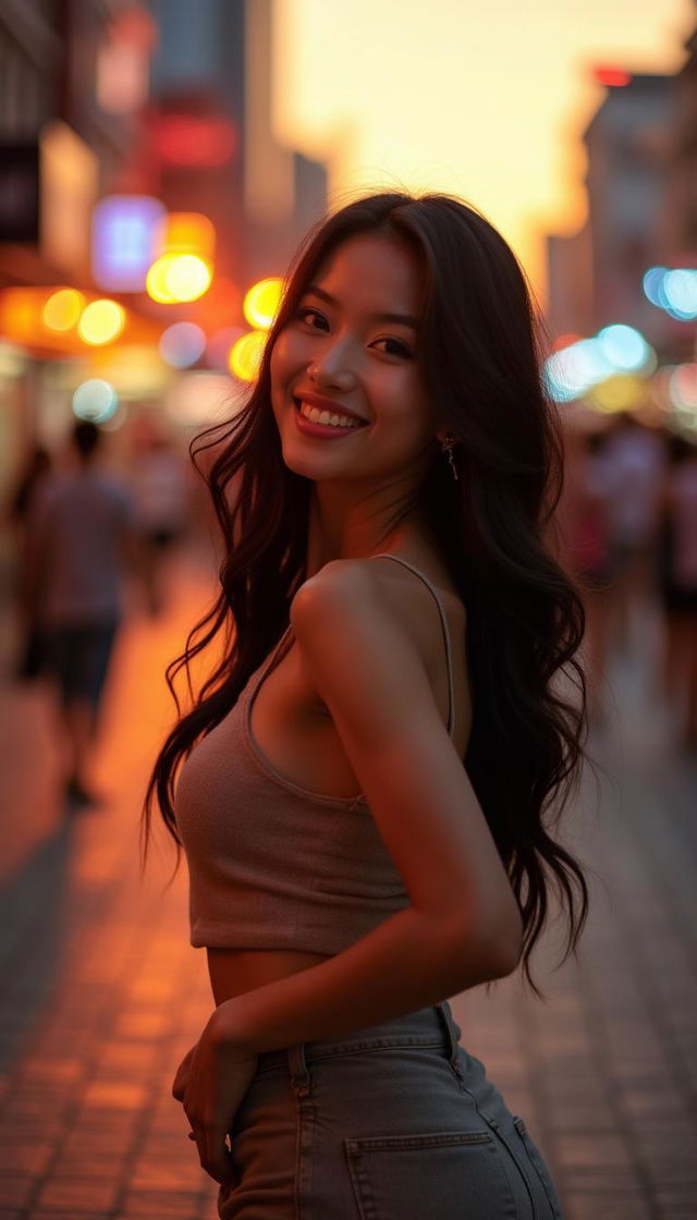 A beautiful and stylish Asian woman smiling confidently, with long black hair flowing gracefully, wearing a fashionable outfit that highlights her figure, standing against a vibrant city backdrop during sunset