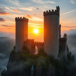 A majestic view of Ravenhold Castle, perched atop a rocky cliff surrounded by lush green forests and a misty atmosphere
