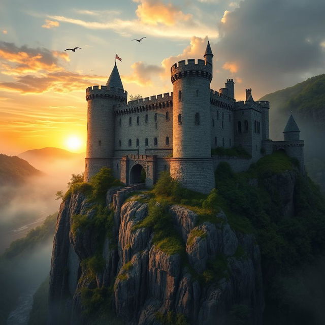 A majestic view of Ravenhold Castle, perched atop a rocky cliff surrounded by lush green forests and a misty atmosphere