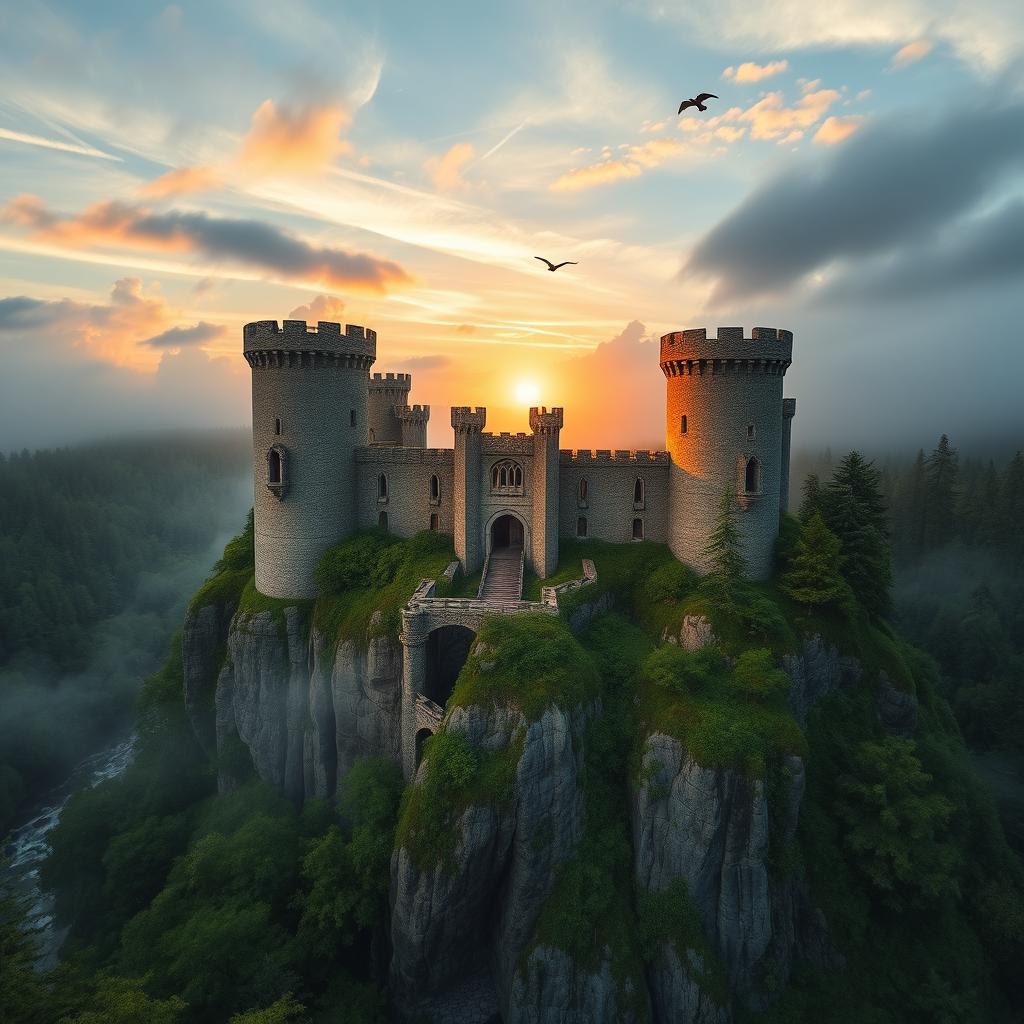 A majestic view of Ravenhold Castle, perched atop a rocky cliff surrounded by lush green forests and a misty atmosphere