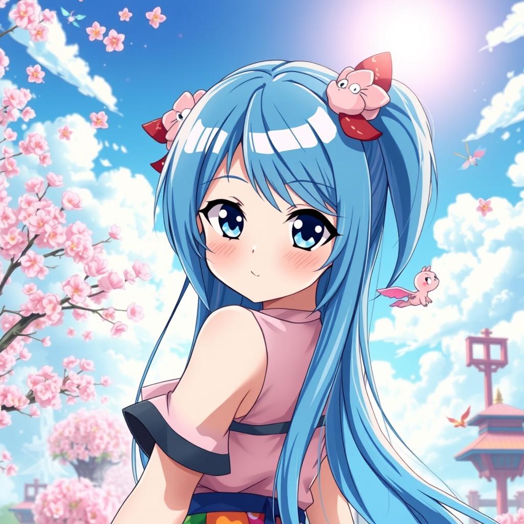 A stunning anime girl with long, flowing blue hair cascading down her back, wearing a vibrant, stylish outfit