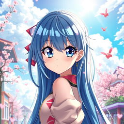 A stunning anime girl with long, flowing blue hair cascading down her back, wearing a vibrant, stylish outfit